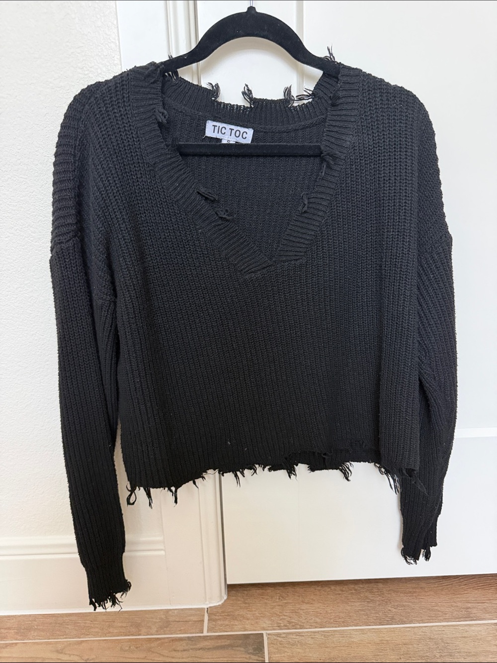 TIC TOC Black Off-the-Shoulder Distressed Knit Sweater
